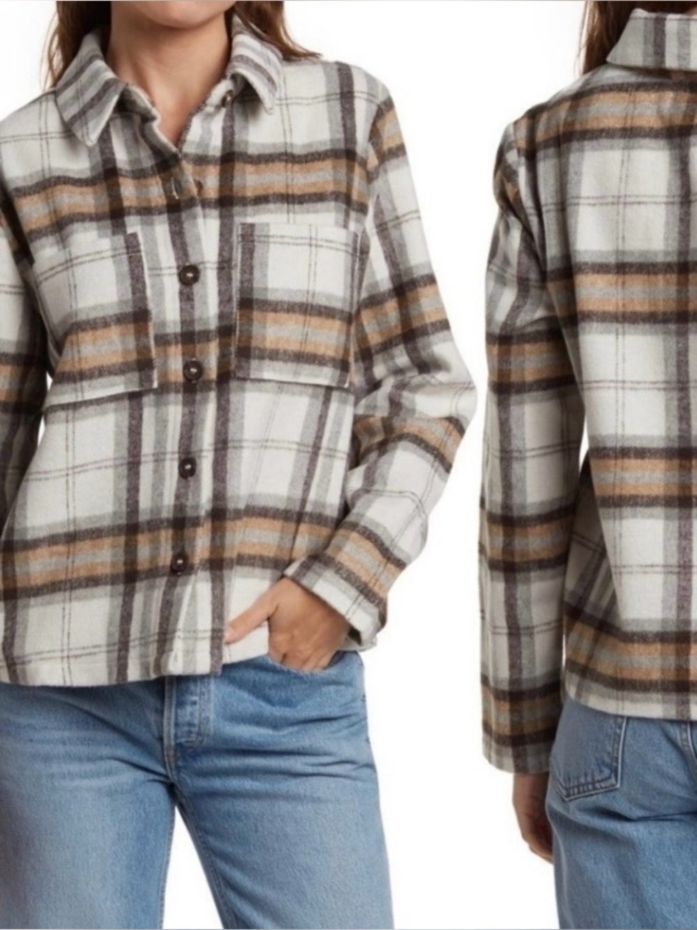 Plaid Button-Up Shacket in White, Gray & Tan
